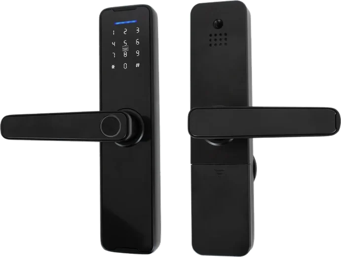SmartKey Pro: panel exterior con teclado y panel interior con parlante y tapa de baterías